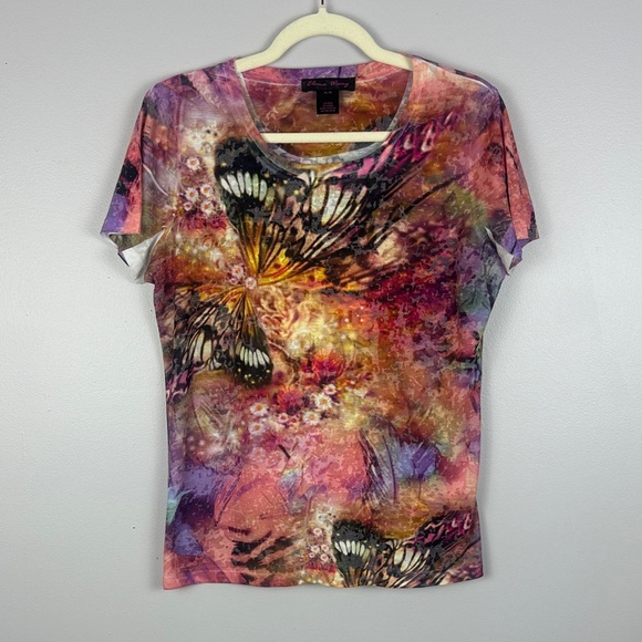 Elena Wang Vibrant Tie Dye Butterfly Print Semi Sheer Short Sleeve Tee Size M - Picture 2 of 9